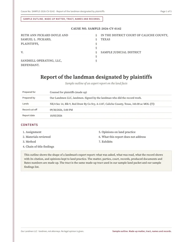 Sample report outline, page 1: caption and contents