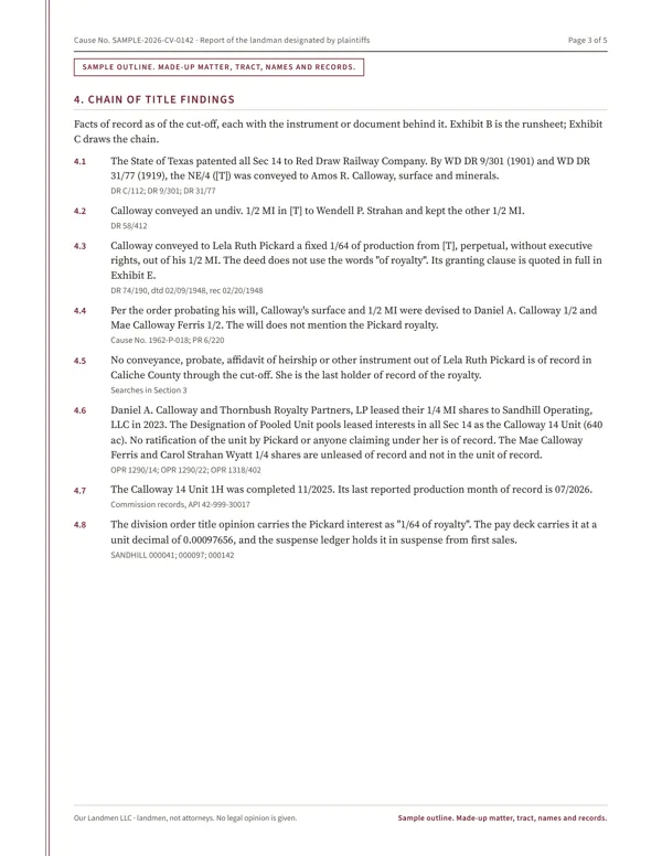 Sample report outline, page 3: chain of title findings
