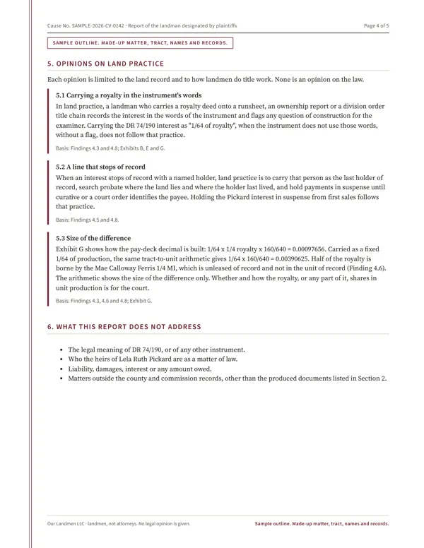 Sample report outline, page 4: opinions on land practice